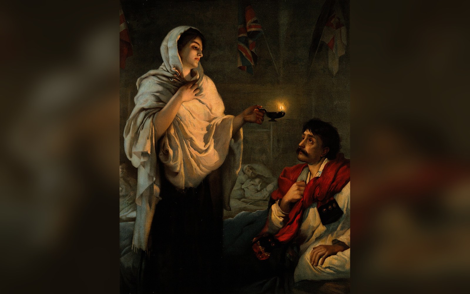Painting of a woman holding an oil lamp beside a wounded soldier in a ward